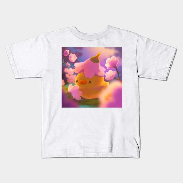 Duck with Cherry Blossom Golden Hour Kids T-Shirt by vooolatility